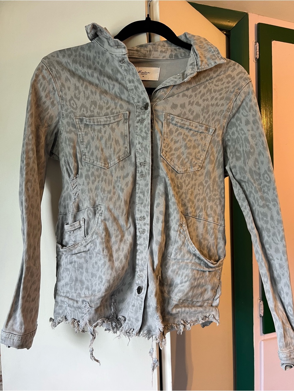 KanCan Light Gray Leopard-Print Jean Jacket